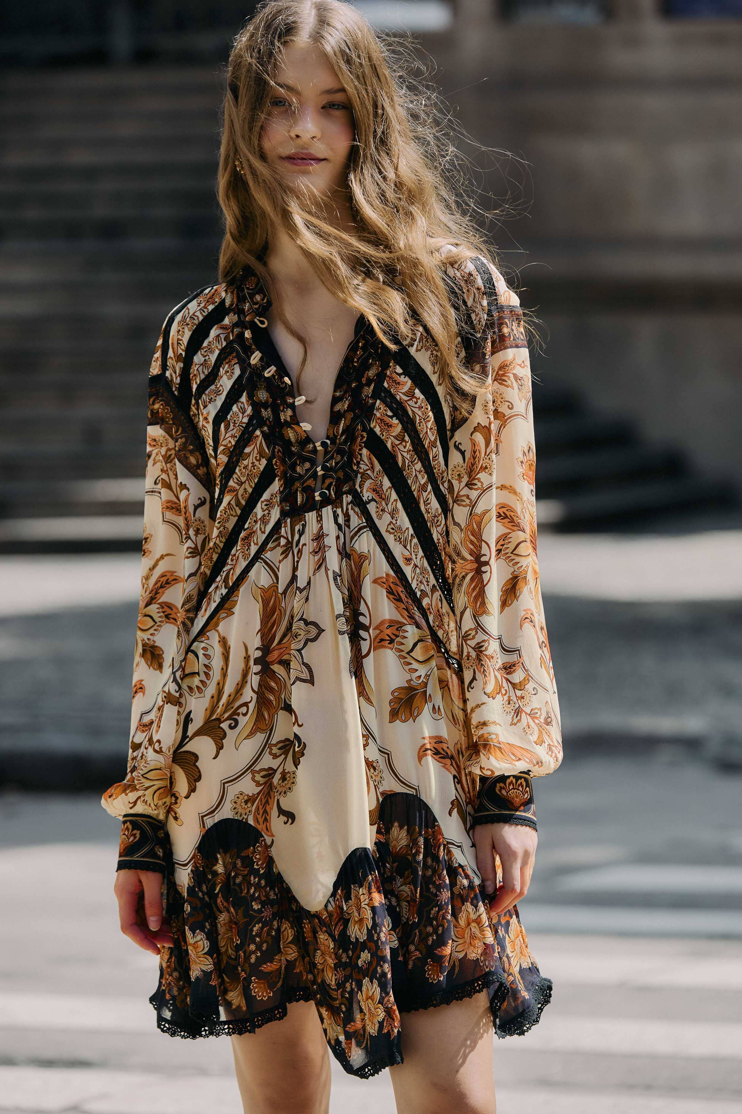 Sand Majestic Garden Lace Long Sleeve Mini Dress