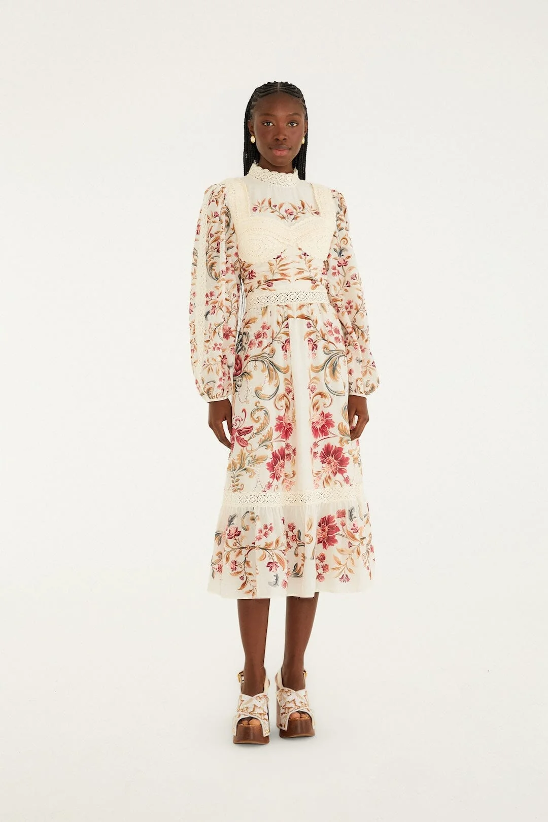 Cream Royal Garden Long Sleeve Crochet Midi Dress