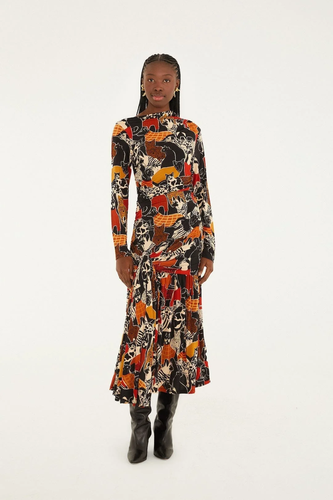 Multicolor Cats And Dogs Long Sleeve Draped Midi Dress