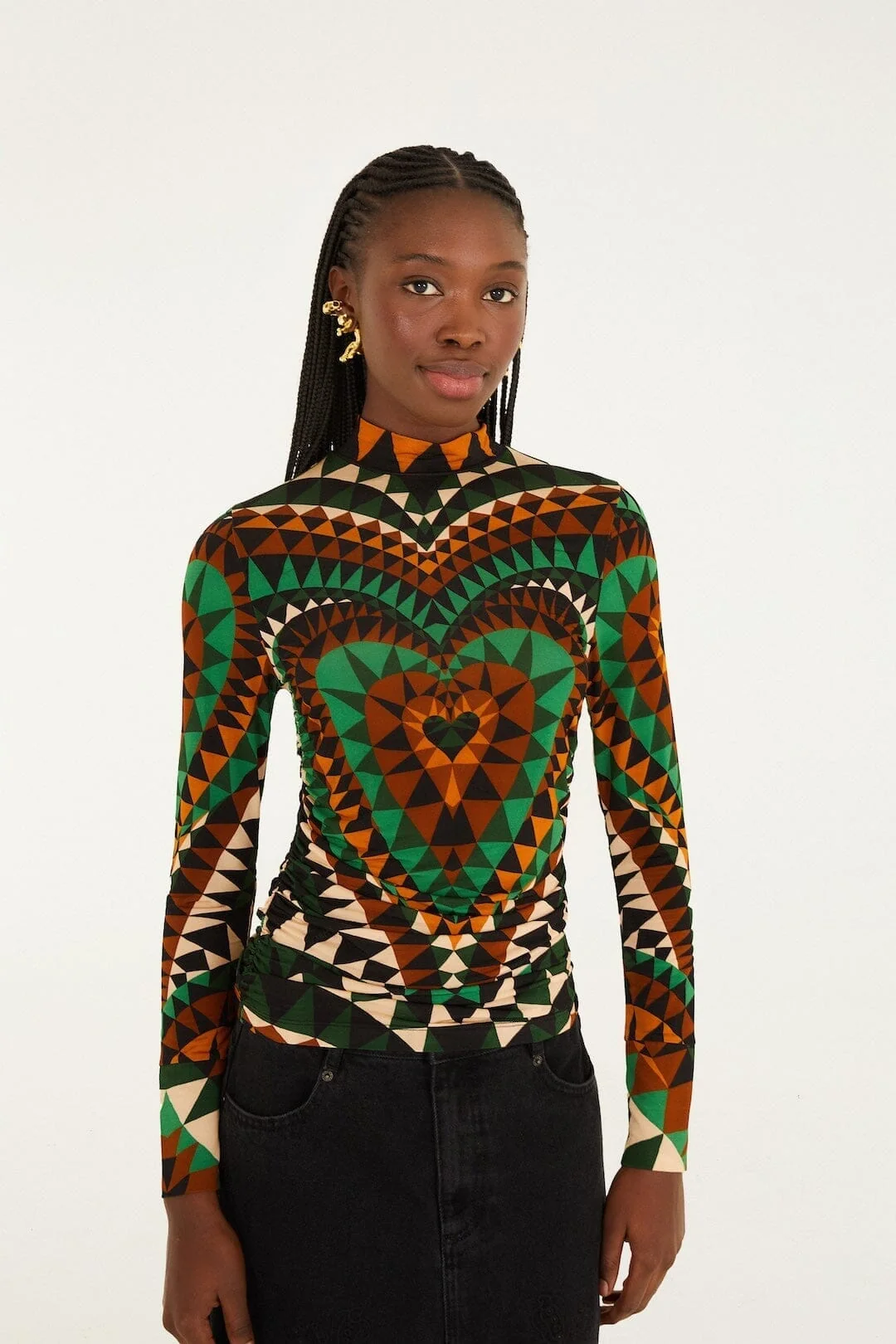 Green Heart Deco Ruched Waist Jersey Blouse