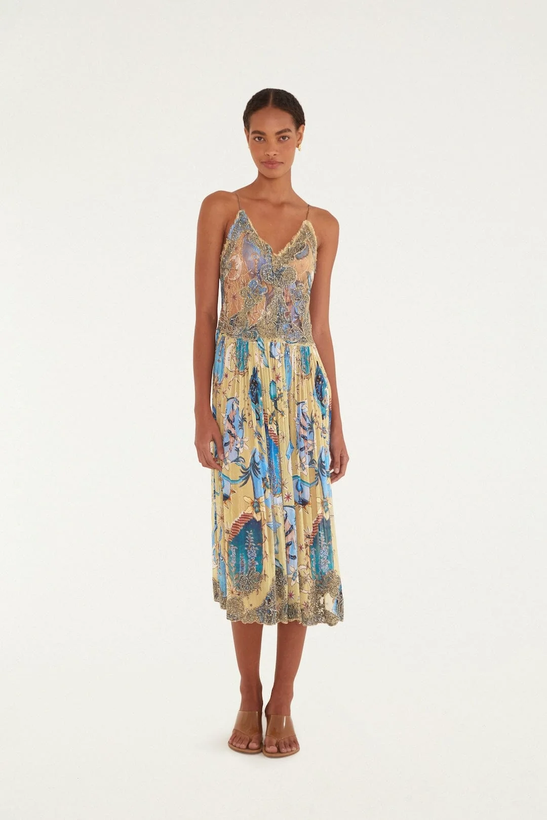 Sand Mystical Sleeveless Pleated Midi Dress
